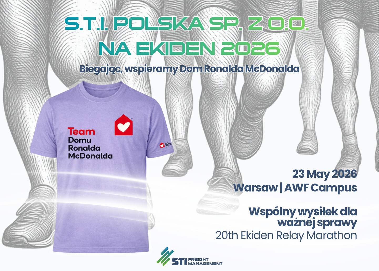 Koszulka zespołu STI Poland podczas Ekiden 2026 w Warszawie wspierającego Dom Ronalda McDonalda